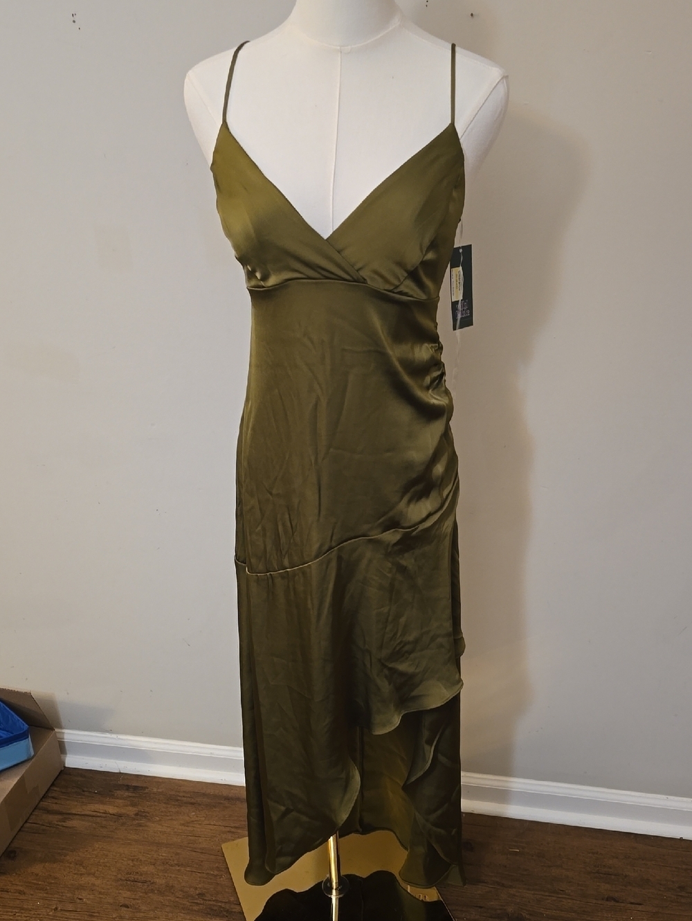 NWT- Wild Fable Olive Green Satin Slip Maxi Dress with Ruffle Detail